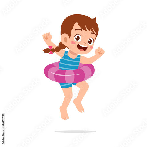 little kid jumping and wear swim ring