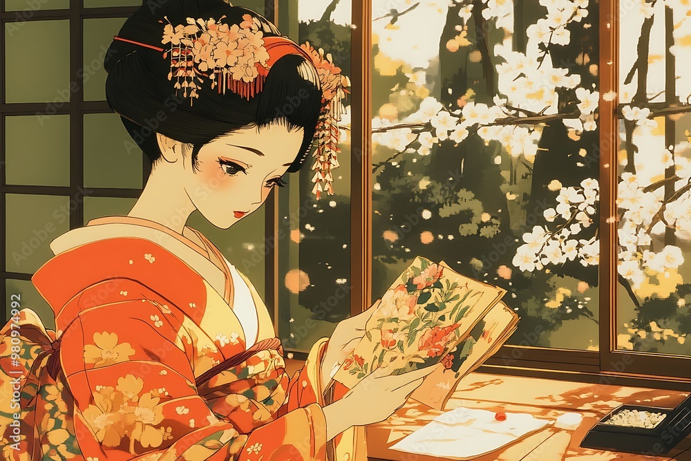 Woman in Traditional Japanese Kimono Reading a Book by the Window with Cherry Blossoms in the Background. Woman in Traditional Japanese Kimono Reading a Book by the Window with Cherry Blossoms in the Background.