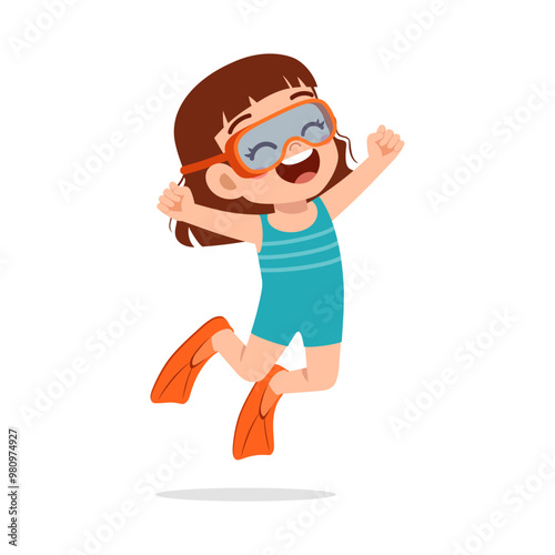 little kid wear swim goggles and fin while jumping