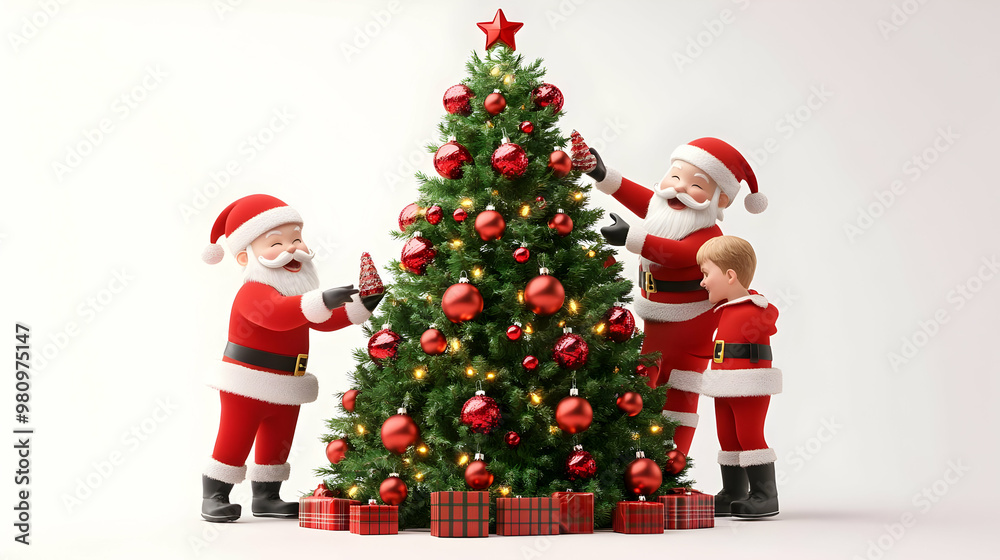 3D Santa Decorating Christmas Tree with Children - Candid Moment of Joyful Teamwork and Holiday Spirit, Isolated Icon on White Background 3D Santa Decorating Christmas Tree with Children - Candid Moment of Joyful Teamwork and Holiday Spirit, Isolated Icon on White Background