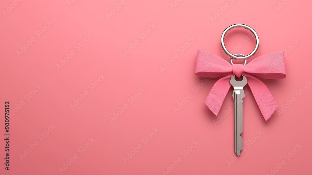 A stylish key adorned with a pink bow on a vibrant pink background, perfect for fashionable home decor or gifts. A stylish key adorned with a pink bow on a vibrant pink background, perfect for fashionable home decor or gifts.