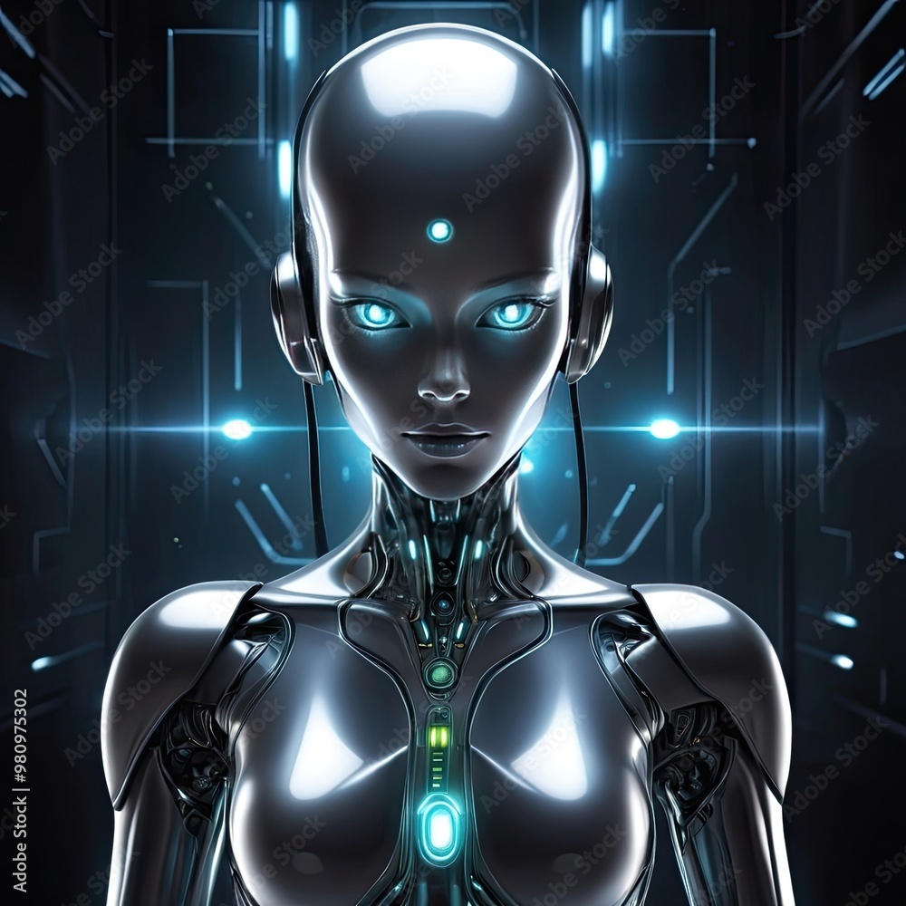 Futuristic 3D render of a female cyborg head, metal skull with robotic brain, black and metallic aesthetics, isolated on a dark background Futuristic 3D render of a female cyborg head, metal skull with robotic brain, black and metallic aesthetics, isolated on a dark background