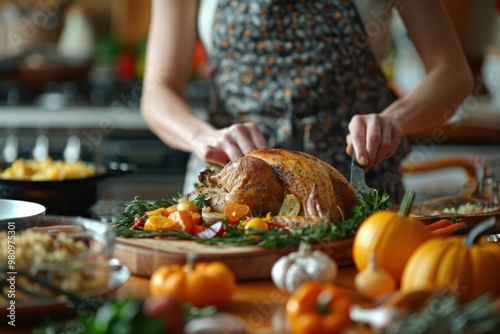 woman preparing thanksgiving dishes in kitchen. Close-up of baked turkey being cut photo