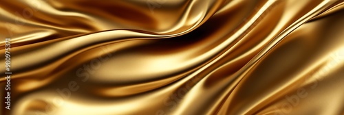 Shiny golden fabric with smooth flowing texture in close-up