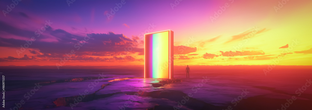 Another surreal landscape with a man standing at the edge of a vast desert-like terrain, featuring a glowing portal and a brilliant sunset on the horizon. Another surreal landscape with a man standing at the edge of a vast desert-like terrain, featuring a glowing portal and a brilliant sunset on the horizon.