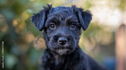 Curious Black Airedale Terrier Puppy Exploring New Surroundings with Natural Lighting