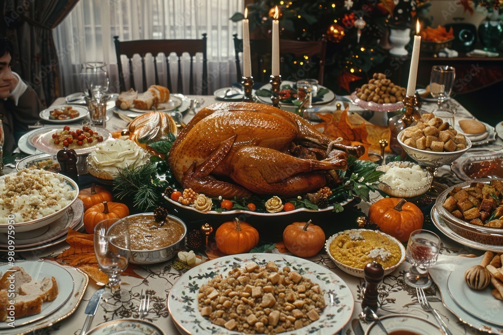 beautifully set dinner table with roasted turkey for thanksgiving, table setting beautifully set dinner table with roasted turkey for thanksgiving, table setting
