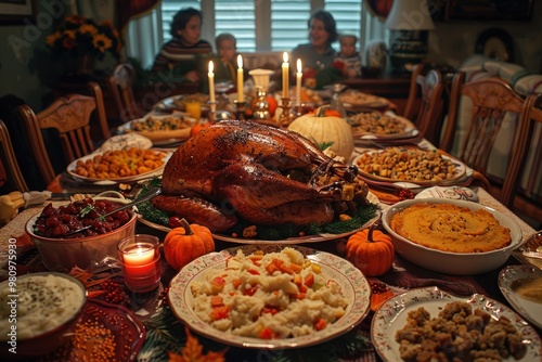 beautifully set dinner table with roasted turkey for thanksgiving, table setting photo