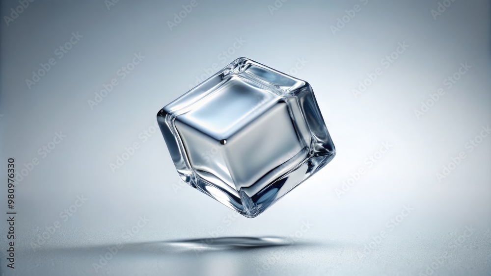 Transparent frozen water in a cube shape, suspended in air on a white background Transparent frozen water in a cube shape, suspended in air on a white background