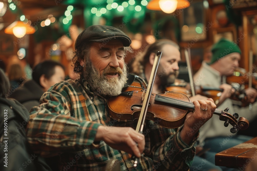 Fototapeta premium musicians performing traditional Irish music in a cozy pub setting for St. Patrick's Day