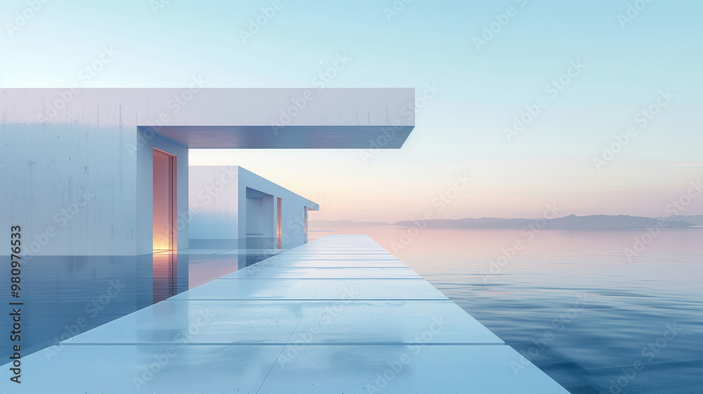 Fototapeta premium Modern architecture outdoor design hotel restaurant white minimalist style Nordic style digital art illustration