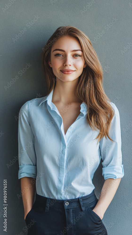 Portrait of a smiling young businesswoman posing with hands in pockets against a gray wall Portrait of a smiling young businesswoman posing with hands in pockets against a gray wall