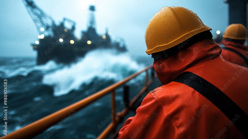 A worker in safety gear observes an oil rig amidst turbulent waves and stormy skies, highlighting maritime challenges and resilience. A worker in safety gear observes an oil rig amidst turbulent waves and stormy skies, highlighting maritime challenges and resilience.