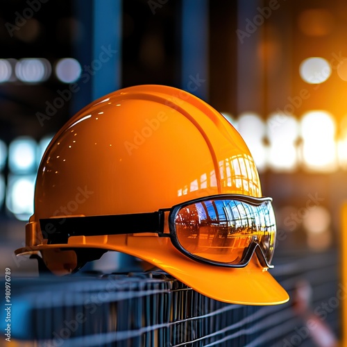 Bright orange hard hat with protective goggles, symbolizing safety and professionalism in construction and industrial work environments. photo