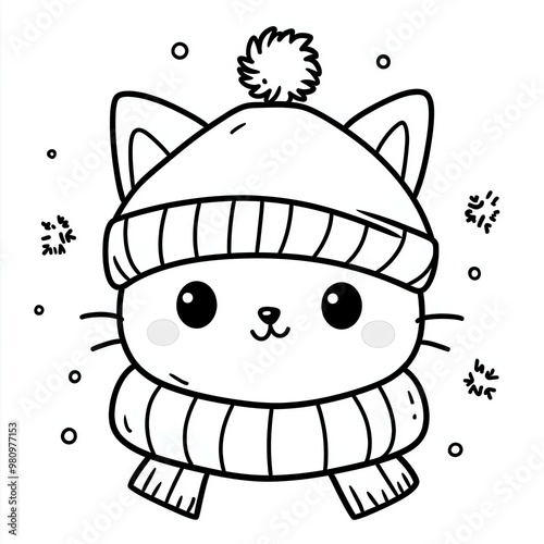 Cute cat in a hat and scarf, black and white drawing for a children's coloring book. photo