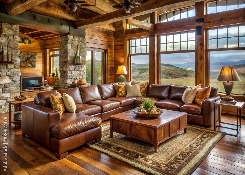 Rustic-chic living room with saddle-brown leather sectional sofa, natural wood accents, and subtle Western decor, Rustic-chic living room with saddle-brown leather sectional sofa, natural wood accents, and subtle Western decor,