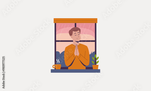 Man praying by the window on a rainy day