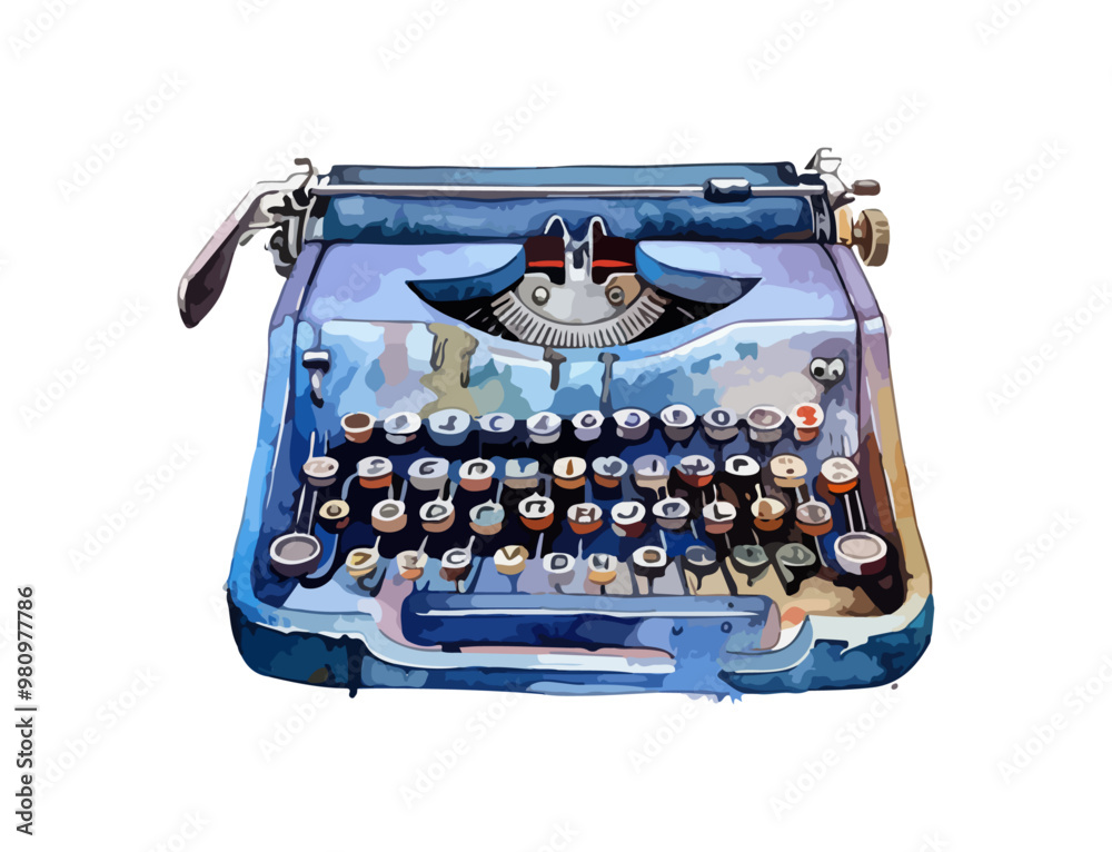 Vintage blue typewriter isolated on white background with watercolor paint effect
