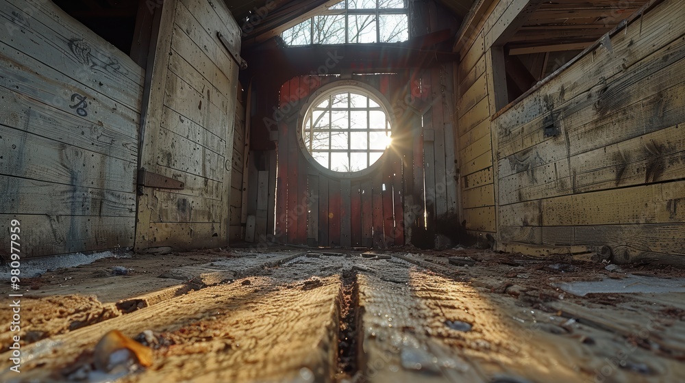 Abandoned rustic wooden building with sunlight streaming through a round window illuminating the interior and weathered textures Abandoned rustic wooden building with sunlight streaming through a round window illuminating the interior and weathered textures