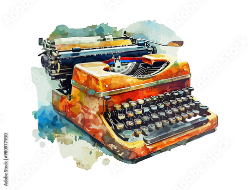 Vintage Watercolor Illustration of a Typewriter