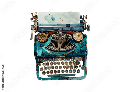 Vintage blue typewriter isolated on white background, retro technology and writing concept