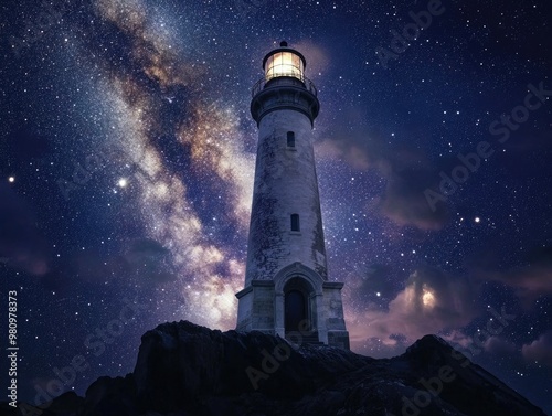 Lighthouse on Rock at Night