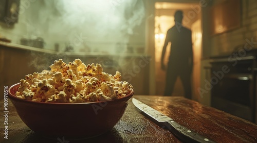 Steaming bowl of popcorn with a knife on a table and a shadowy figure in the background photo