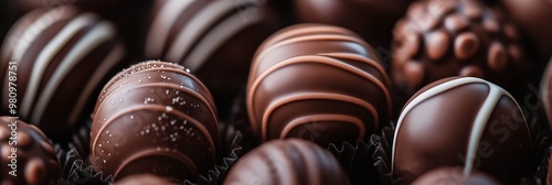 Close-up of various chocolate truffles arranged together, showcasing different designs, textures, and decorations.