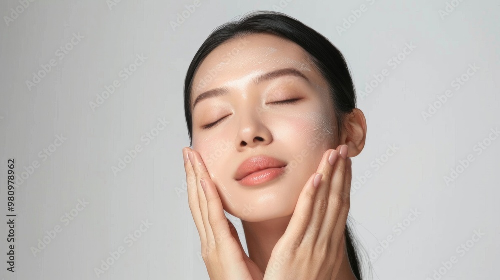 portrait of a woman Applying Skin Care Cream with Eyes Closed, Enjoying a Relaxing Facial Treatment for Smooth, Healthy Skin portrait of a woman Applying Skin Care Cream with Eyes Closed, Enjoying a Relaxing Facial Treatment for Smooth, Healthy Skin