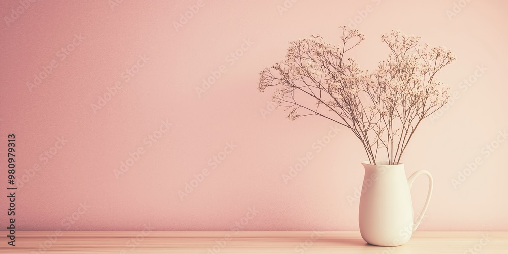 Delicate dried flowers arranged in a simple white vase set against a soft pink background, creating a minimalistic scene. Delicate dried flowers arranged in a simple white vase set against a soft pink background, creating a minimalistic scene.