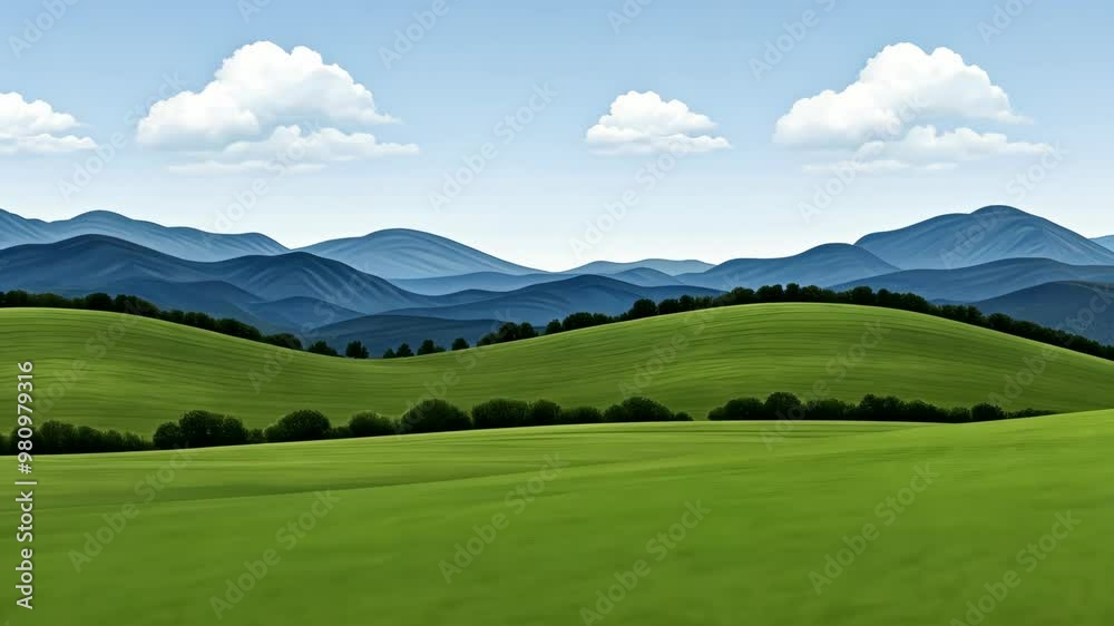 Serene Green Hills Under Blue Sky with Mountains in Distance - Tranquil Nature Landscape for Spring and Summer Designs Serene Green Hills Under Blue Sky with Mountains in Distance - Tranquil Nature Landscape for Spring and Summer Designs