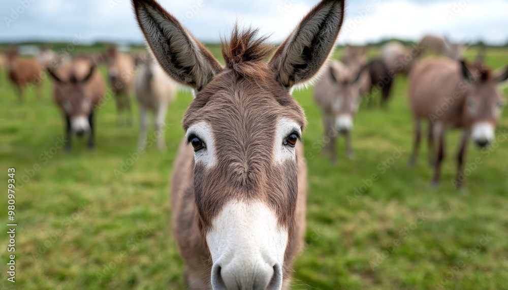A herd of curious donkeys grazing in a field, with one donkey looking straight into the camera, surrounded by fresh green grass and the warmth of the sun. A herd of curious donkeys grazing in a field, with one donkey looking straight into the camera, surrounded by fresh green grass and the warmth of the sun.