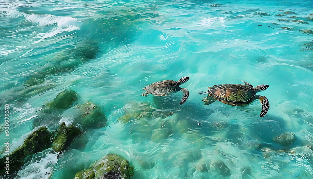 Fototapeta premium Serene Lagoon with Gentle Waves Featuring a Pair of Sea Turtles Swimming Peacefully