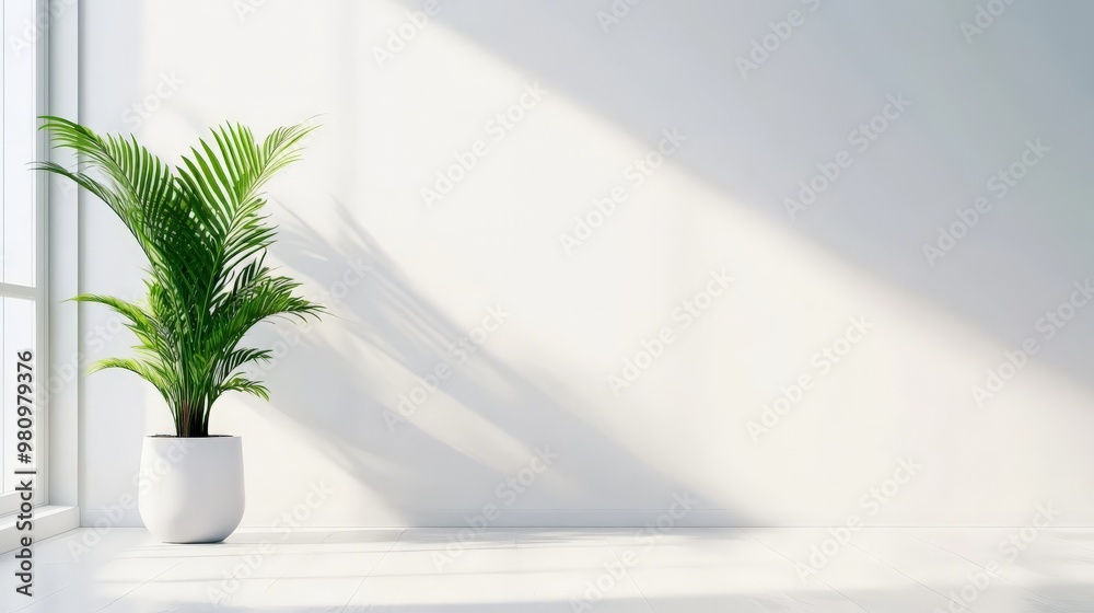 Minimalist interior with a potted green plant placed by a large window, casting serene shadows on a white wall, evoking tranquility and simplicity. Minimalist interior with a potted green plant placed by a large window, casting serene shadows on a white wall, evoking tranquility and simplicity.