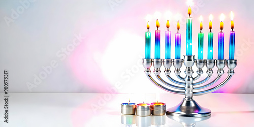 Modern Laptop with Glossy Finish Featuring Holographic Star of David and Hanukkah Gelt - Ideal for Festive Promotional Concepts