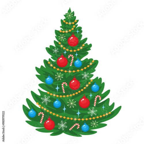 New Year tree decorated with balls, garland and candy canes, vector illustration isolated on white background, decorative element, greeting card, banner.
