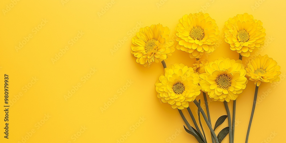 Fototapeta premium An arrangement of bright yellow flowers stands out against a plain yellow background, creating a cheerful, minimalist scene.