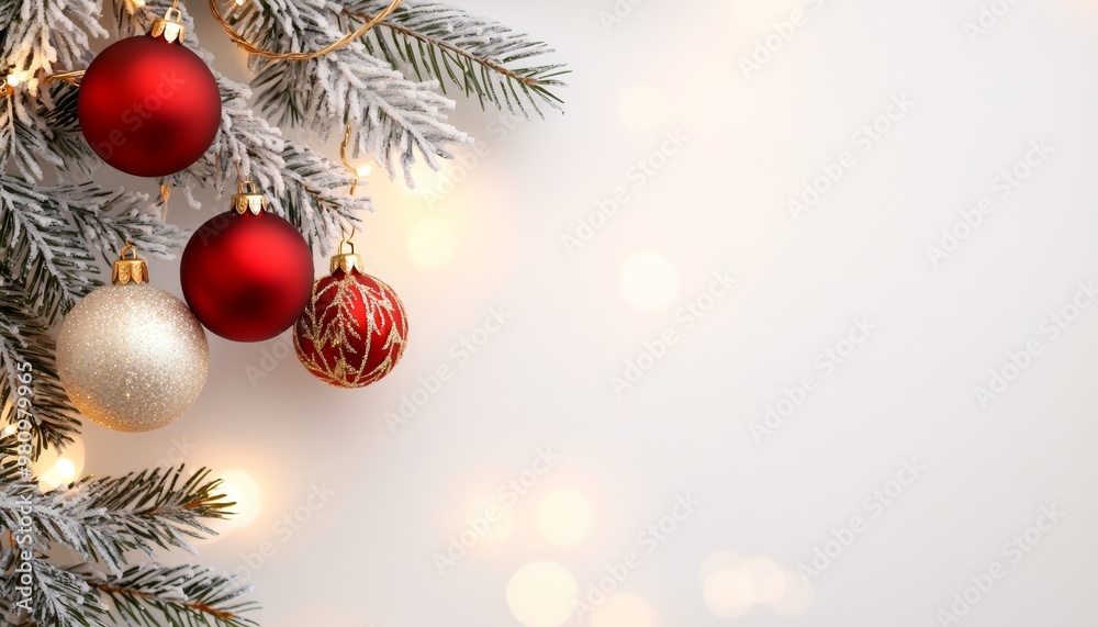 Obraz premium A minimalist holiday scene with red and gold ornaments hanging from snowy evergreen branches, set against a softly glowing background of festive lights.