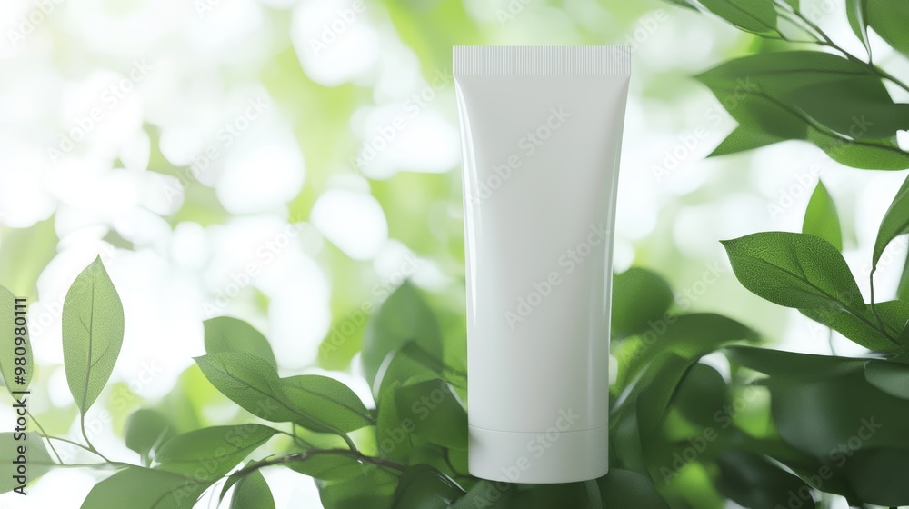 A minimalist skincare tube mockup nestled among tree branches, with soft green hues in the background, highlighting nature-inspired beauty. A minimalist skincare tube mockup nestled among tree branches, with soft green hues in the background, highlighting nature-inspired beauty.