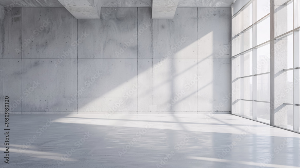 Obraz premium Blank wall in a bright concrete office with large windows; 3D mockup rendering