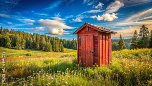 Rustic wooden outhouse with faded red paint stands alone in a lush green meadow surrounded by tall wildflowers photo