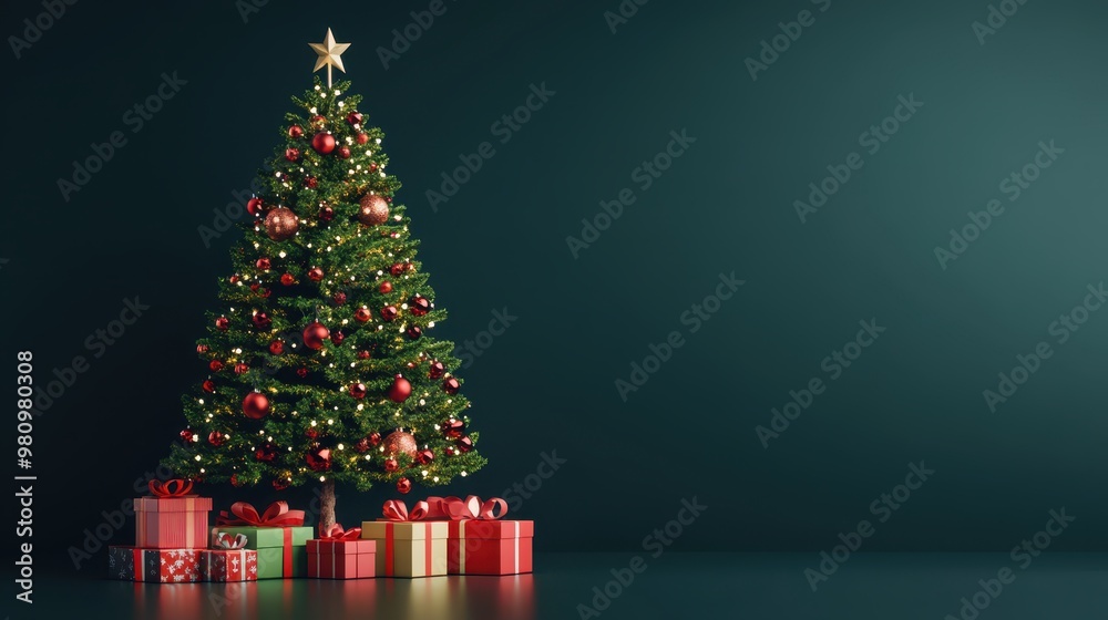 Fototapeta premium Tall Christmas tree with gifts underneath, festive scene, 3D illustration