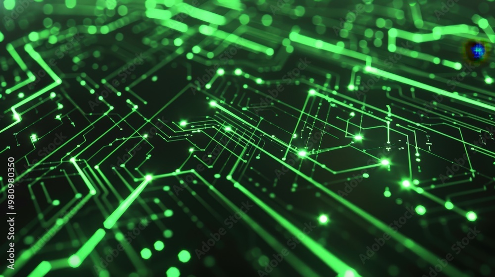 This abstract technology background displays a dynamic fusion of geometric patterns and glowing circuits.