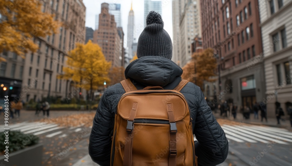A Traveler Gazing at the Architectural Contrast of Modern Skyscrapers and Historic Buildings in the City, A Stunning Visual Representation of Urban Evolution A Traveler Gazing at the Architectural Contrast of Modern Skyscrapers and Historic Buildings in the City, A Stunning Visual Representation of Urban Evolution