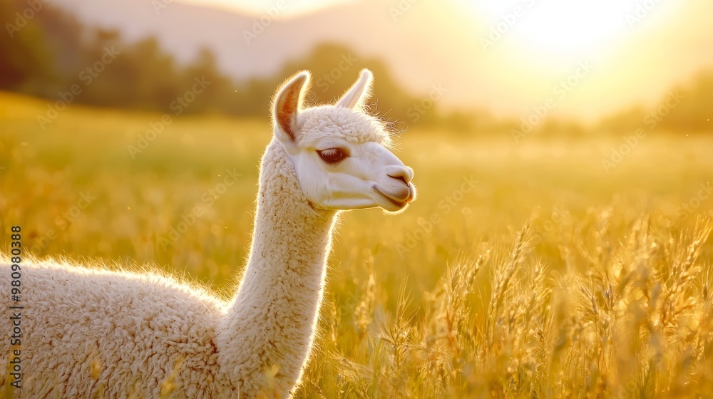 Fototapeta premium A peaceful alpaca happily grazing in a sunlit meadow, its ears perked up, symbolizing the serenity and joy of rural farm life.