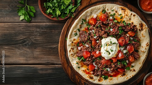 A Iskender Kebab. The most popular Turkish dishes. Thinly sliced döner meat served over pita bread, topped with tomato sauce, melted butter, and yogurt. photo