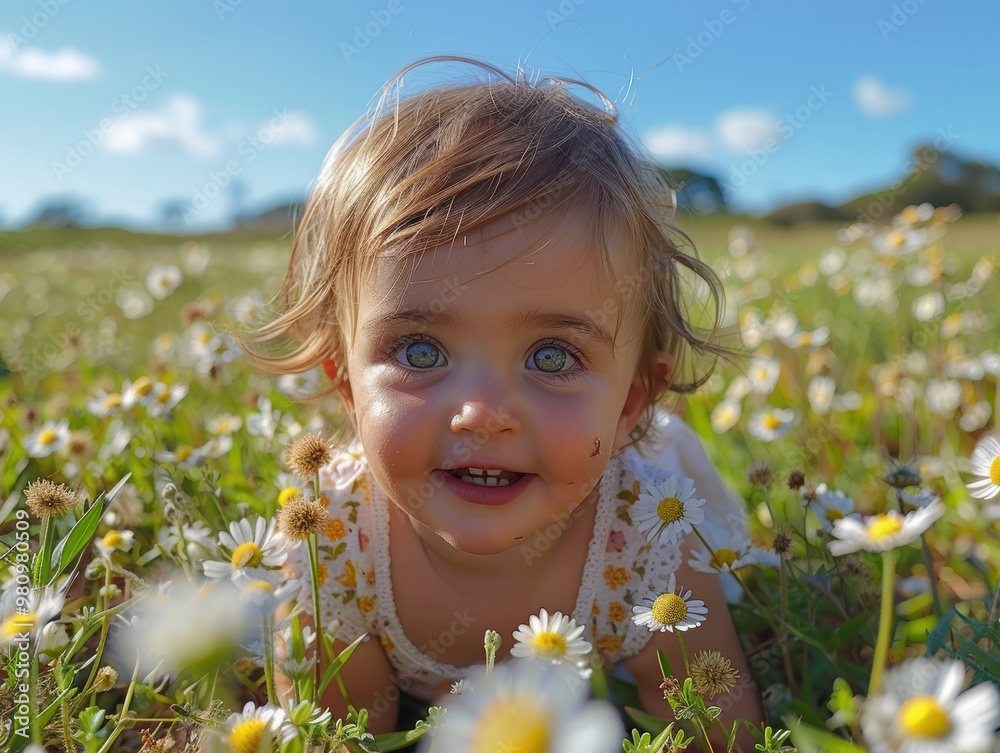 A joyful toddler with bright eyes crawls through a field of daisies under a clear blue sky, capturing the essence of carefree childhood and nature's beauty A joyful toddler with bright eyes crawls through a field of daisies under a clear blue sky, capturing the essence of carefree childhood and nature's beauty