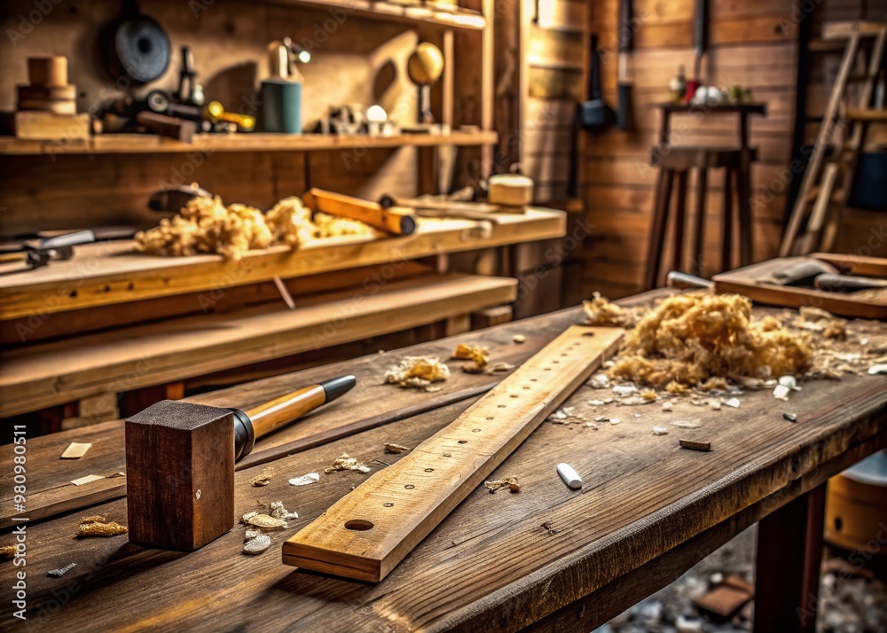 Rustic wooden yardstick lies on a weathered wooden workbench amidst scattered woodworking tools and wooden shavings in Rustic wooden yardstick lies on a weathered wooden workbench amidst scattered woodworking tools and wooden shavings in