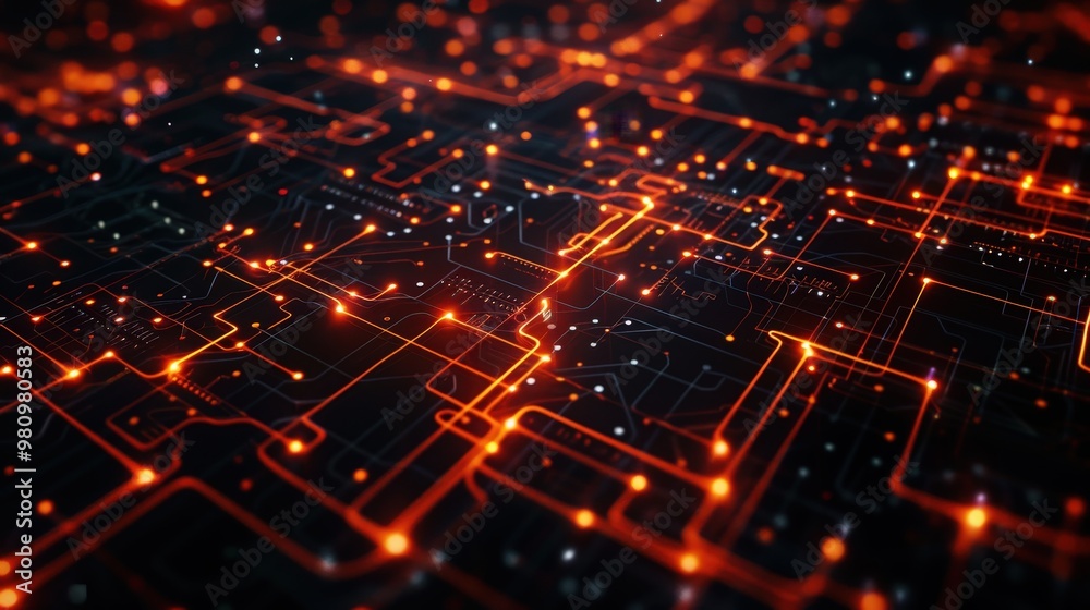 This abstract technology background displays a network of bright, glowing circuits and nodes. This abstract technology background displays a network of bright, glowing circuits and nodes.