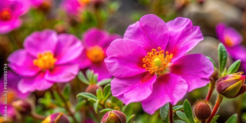 Vibrant petals unfurl from the rock rose plant, showcasing delicate stamens and intricate details, with subtle color Vibrant petals unfurl from the rock rose plant, showcasing delicate stamens and intricate details, with subtle color